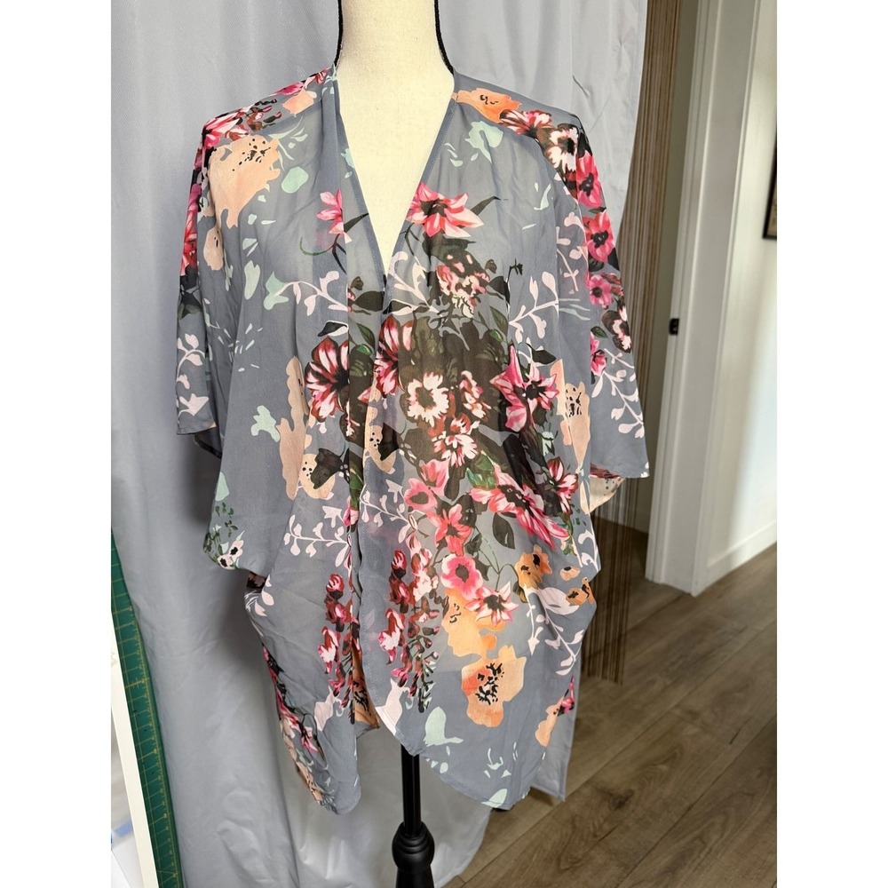 Floral Kimono Cardigan Womens 2XL Gray Pink Chiffon Sheer Open Front Cover Up